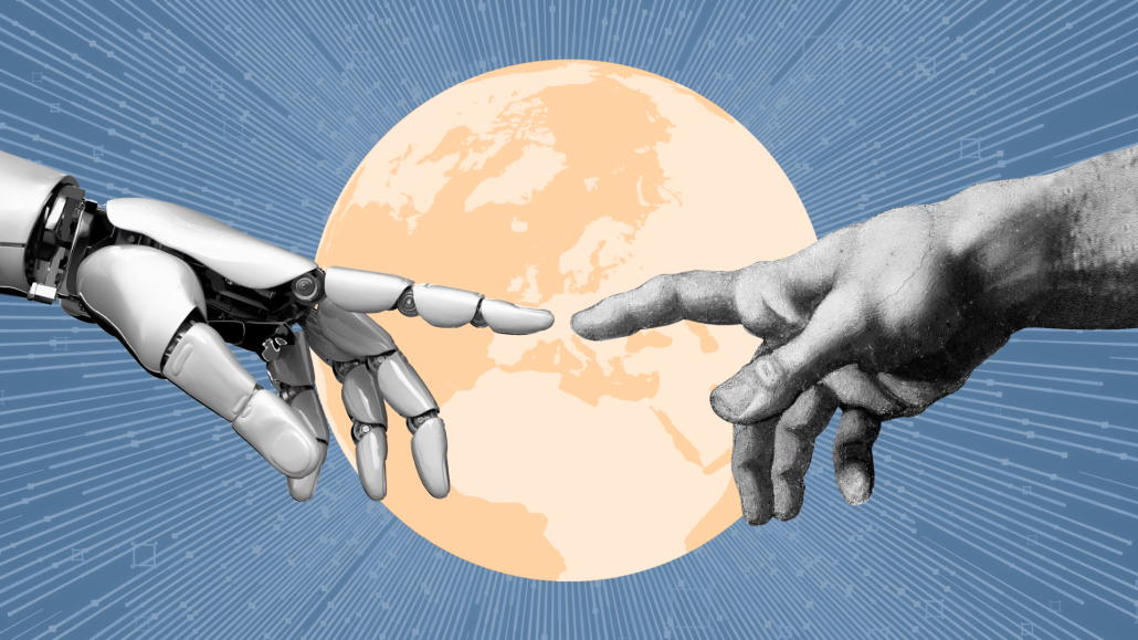 Das KI-Briefing-Newsletter-Teaserbild zeigt eine Roboterhand und eine menschliche Hand, die sich vor einer Weltkugel berühren. Symbolisch für technischen Fortschritt.